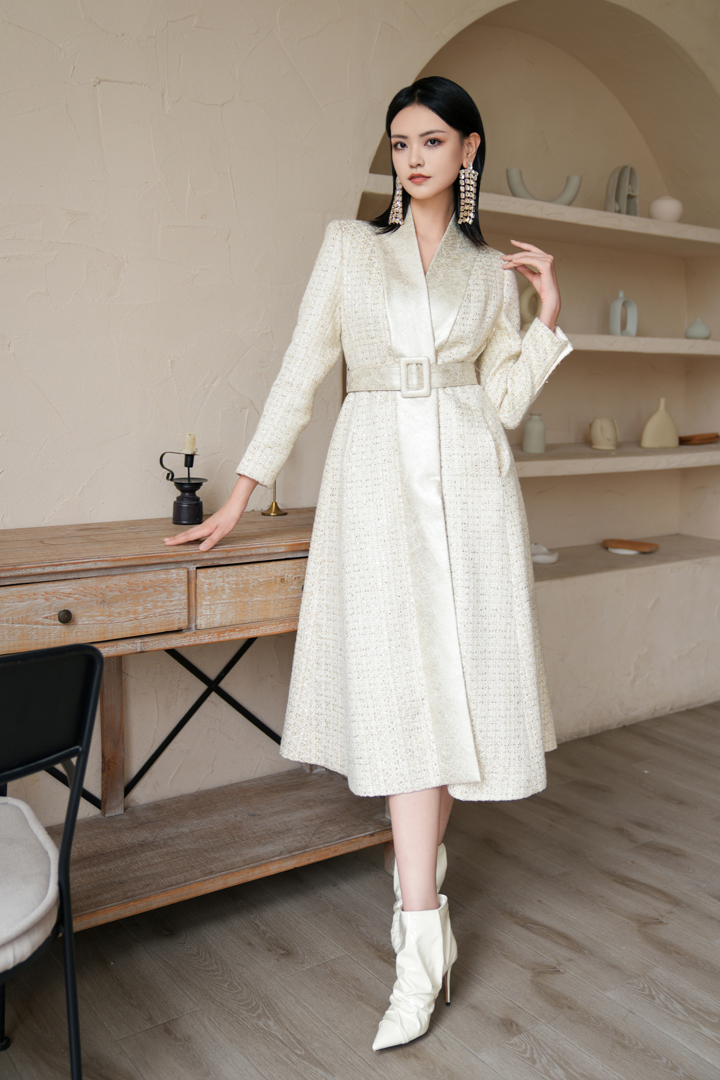 BESIONIA Color-blocking Polka Dot Coat