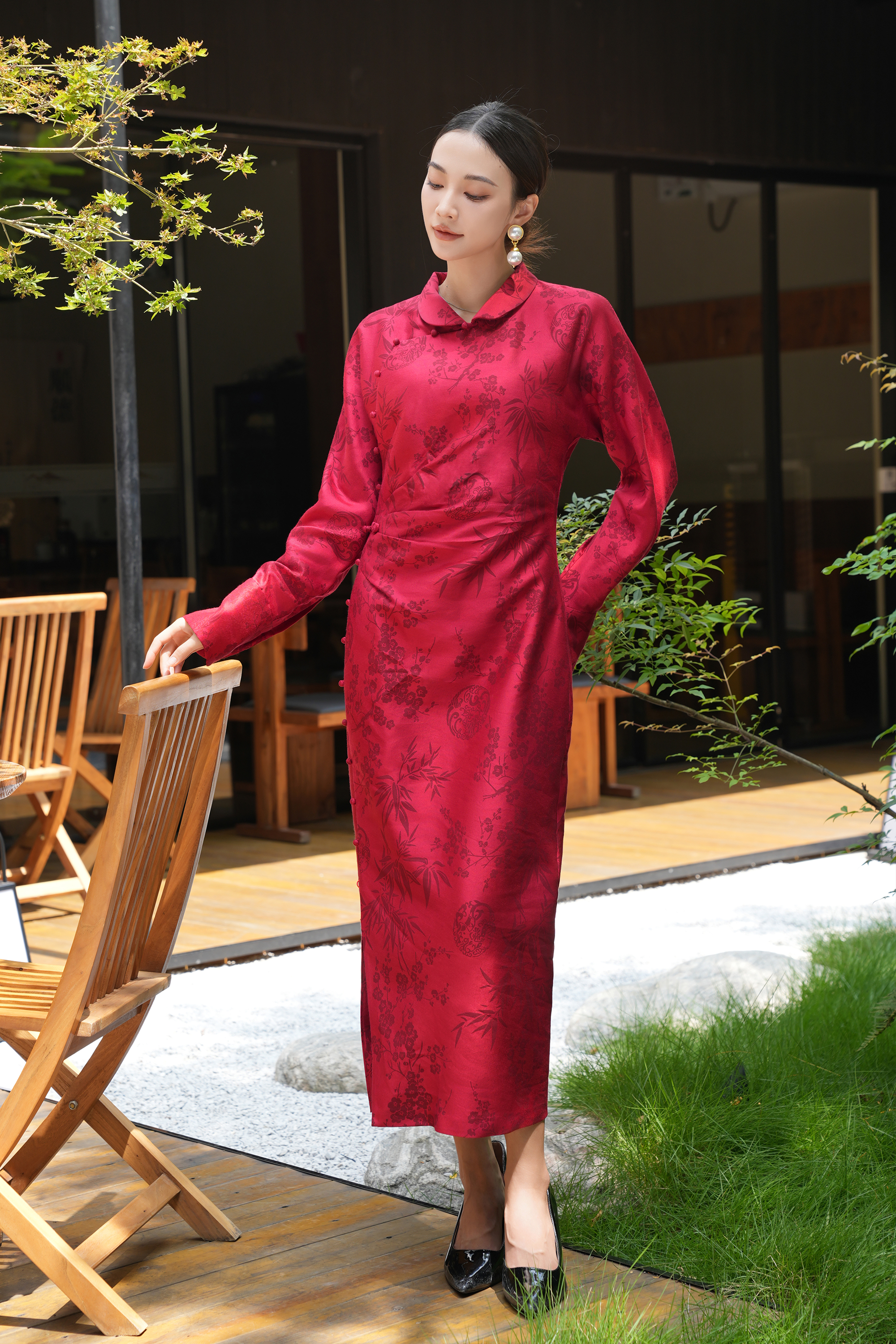 BESIONIA New Chinese Drawstring Printed Lace-Up Dress