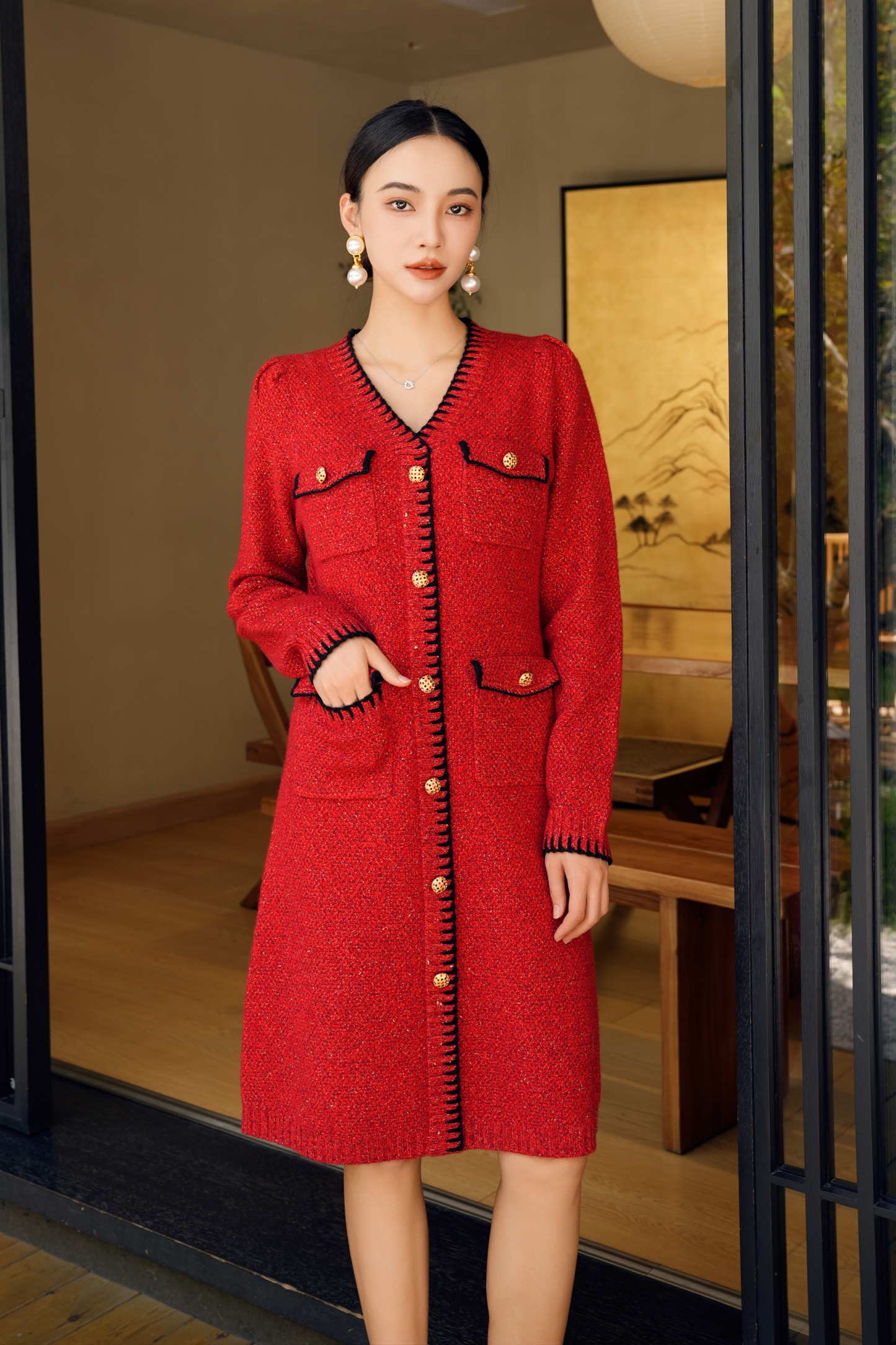 BESIONIA Wool Vintage Elegant Patchwork Dress