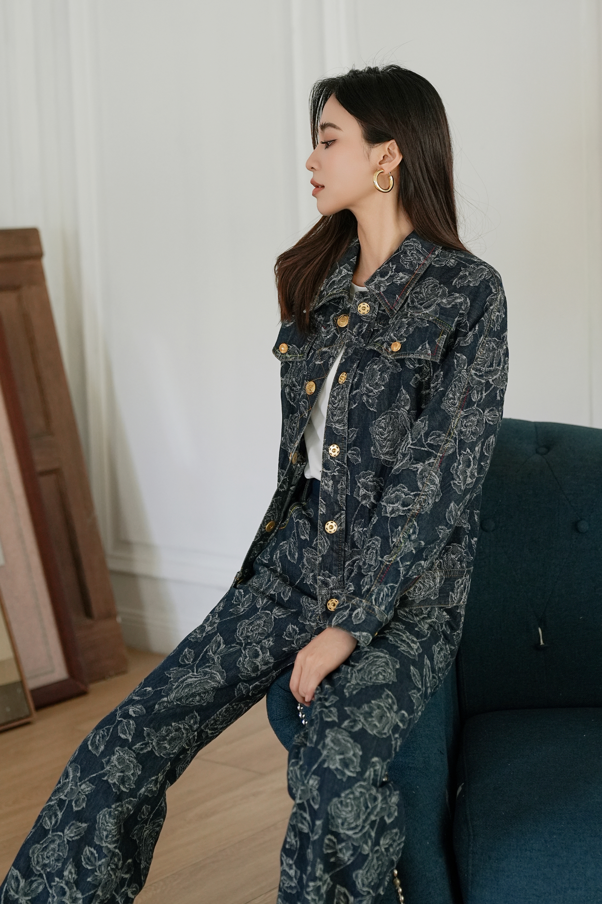 BESIONIA Botanical Printed Skinny Micro Flare Pants