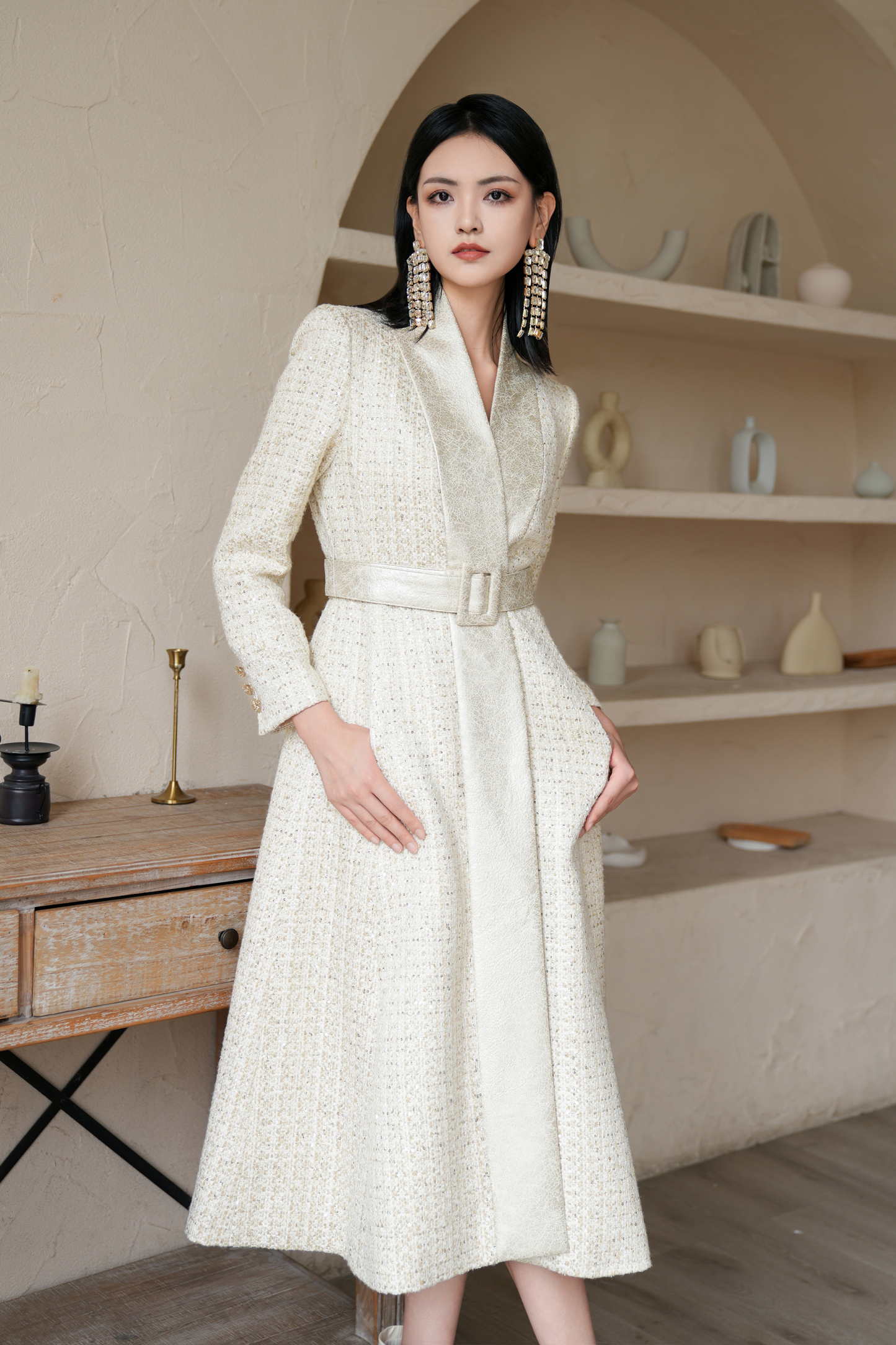 BESIONIA Color-blocking Polka Dot Coat