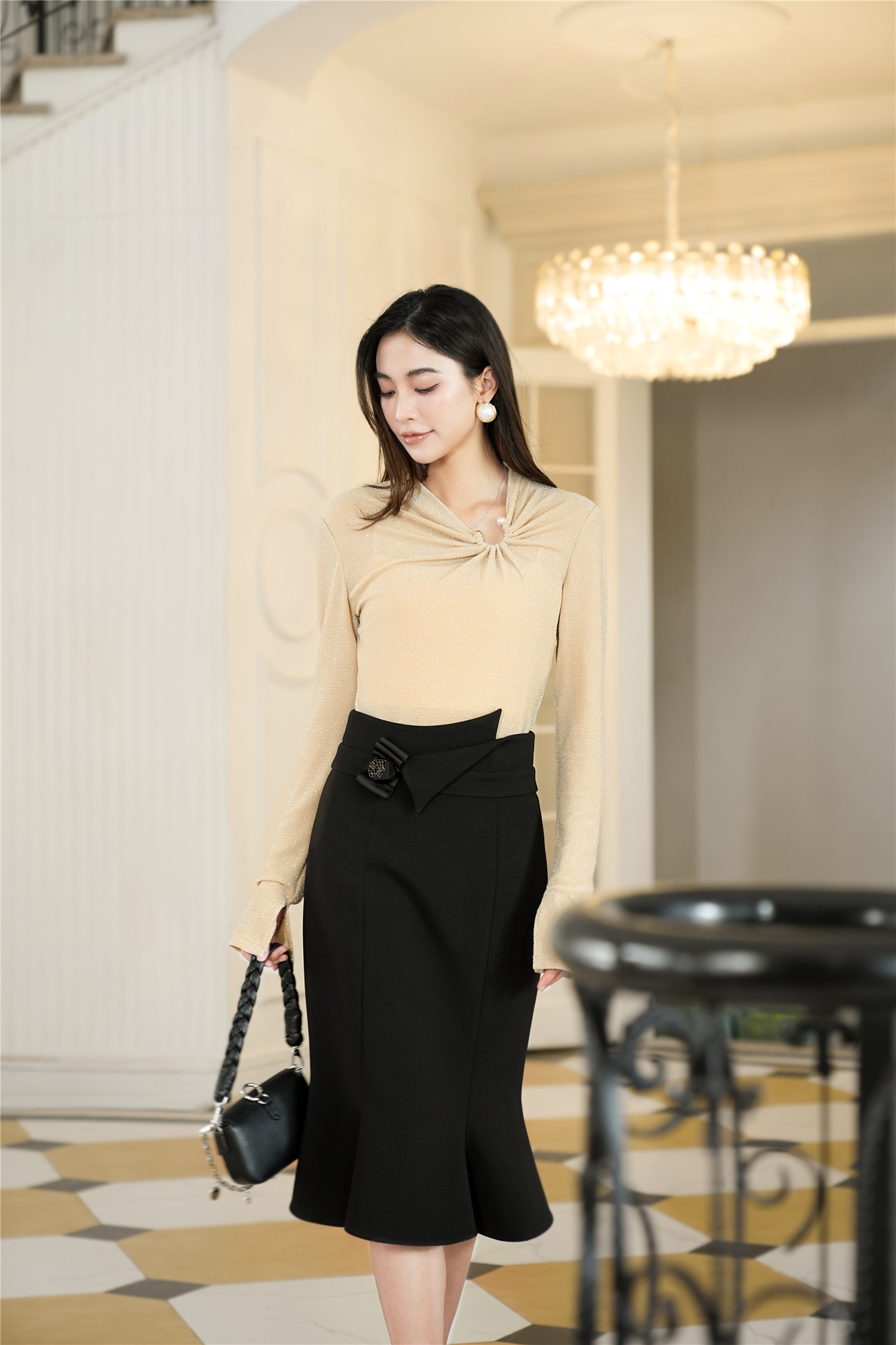 BESIONIA Pleated Long Sleeve Blouse