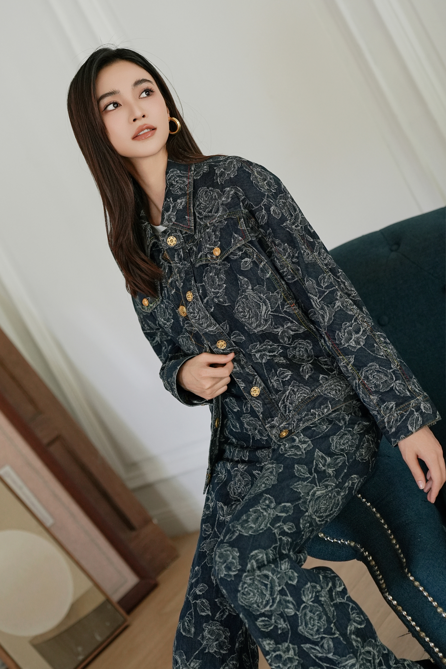 BESIONIA Vintage Printed Buttoned Peplum Outerwear