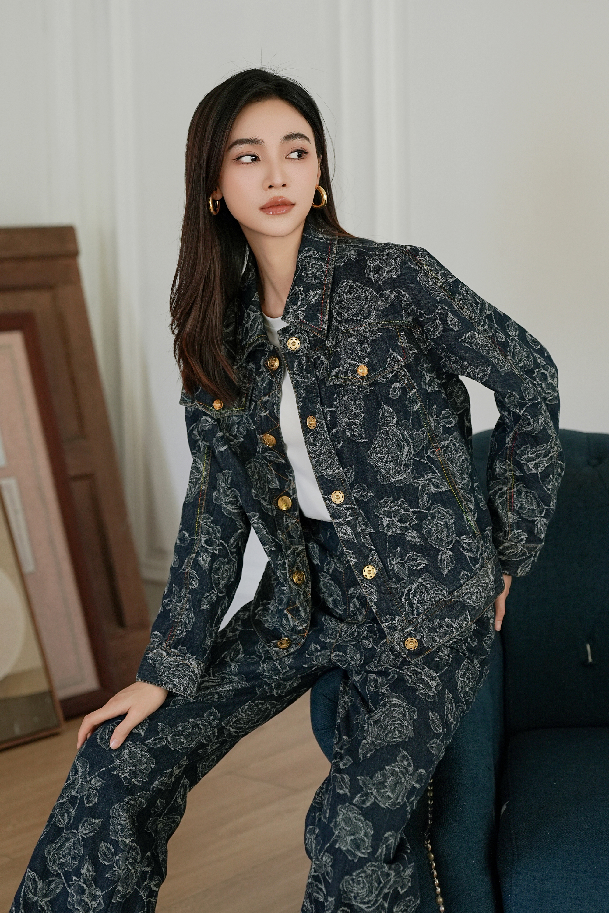 BESIONIA Vintage Printed Buttoned Peplum Outerwear