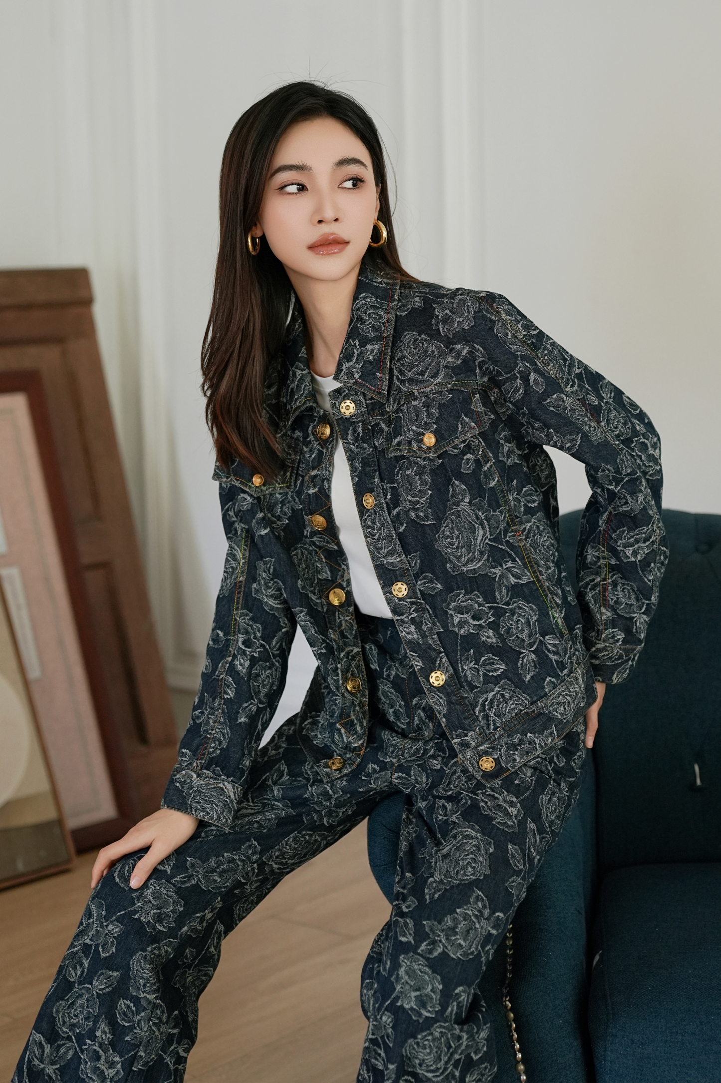 BESIONIA Vintage Printed Buttoned Peplum Outerwear