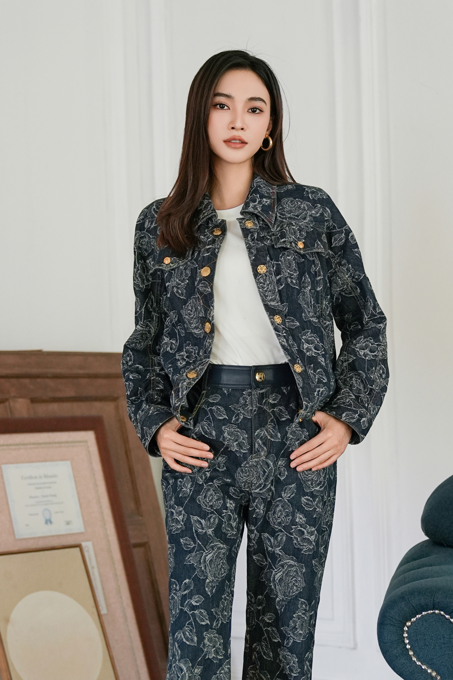 BESIONIA Vintage Printed Buttoned Peplum Outerwear