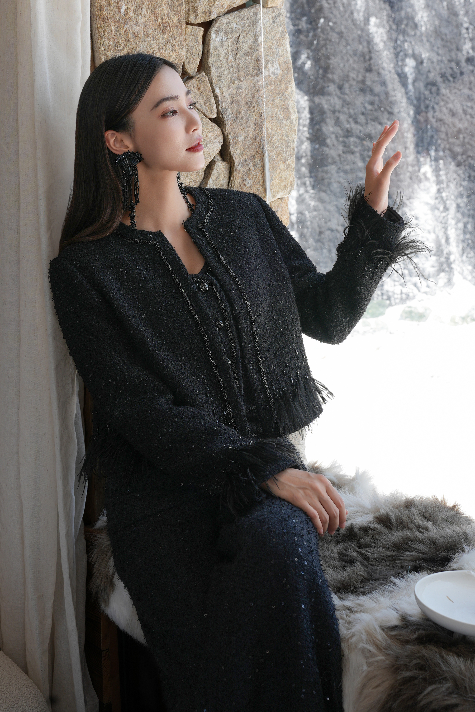 BESIONIA Black Tweed Casual Pants