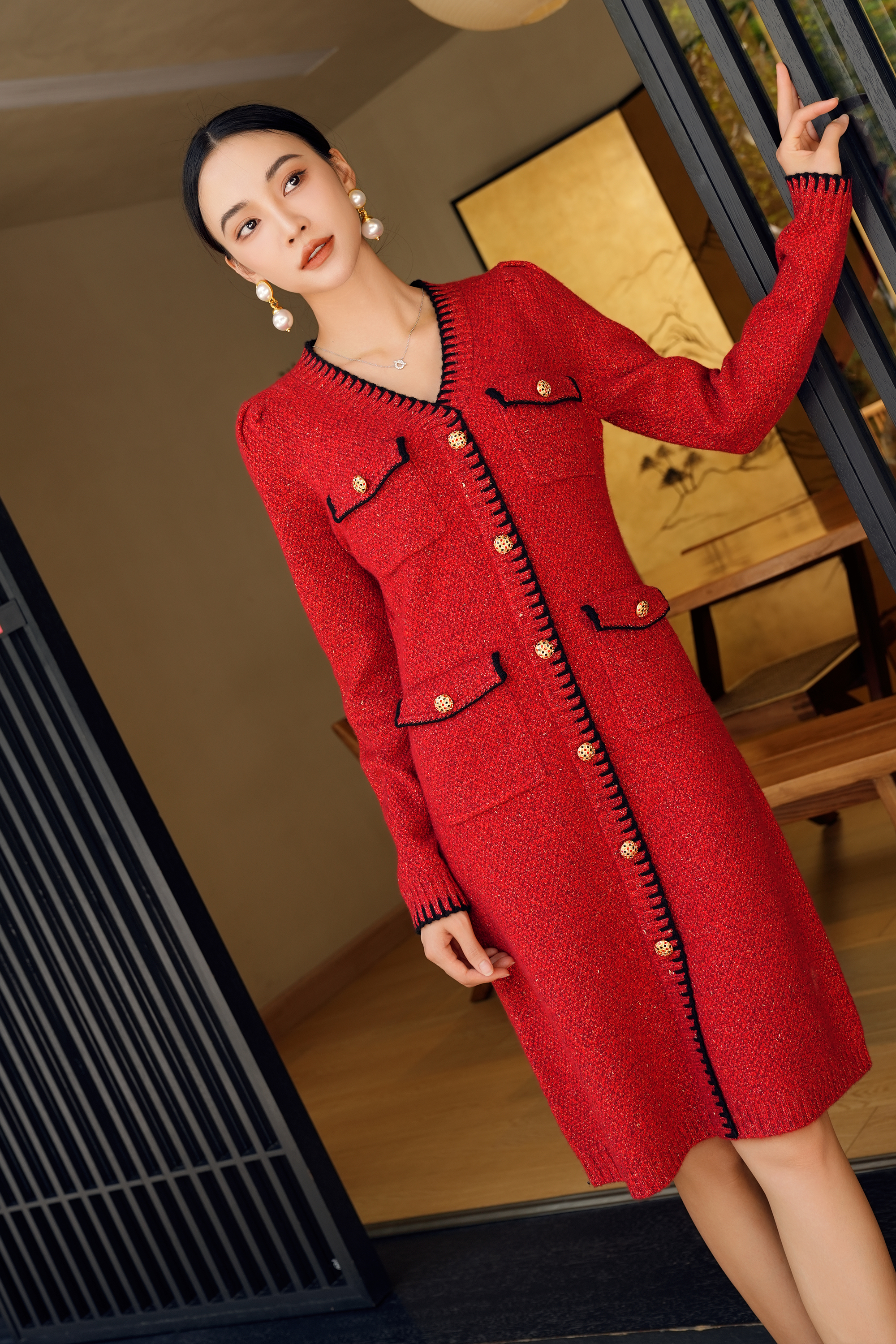 BESIONIA Wool Vintage Elegant Patchwork Dress