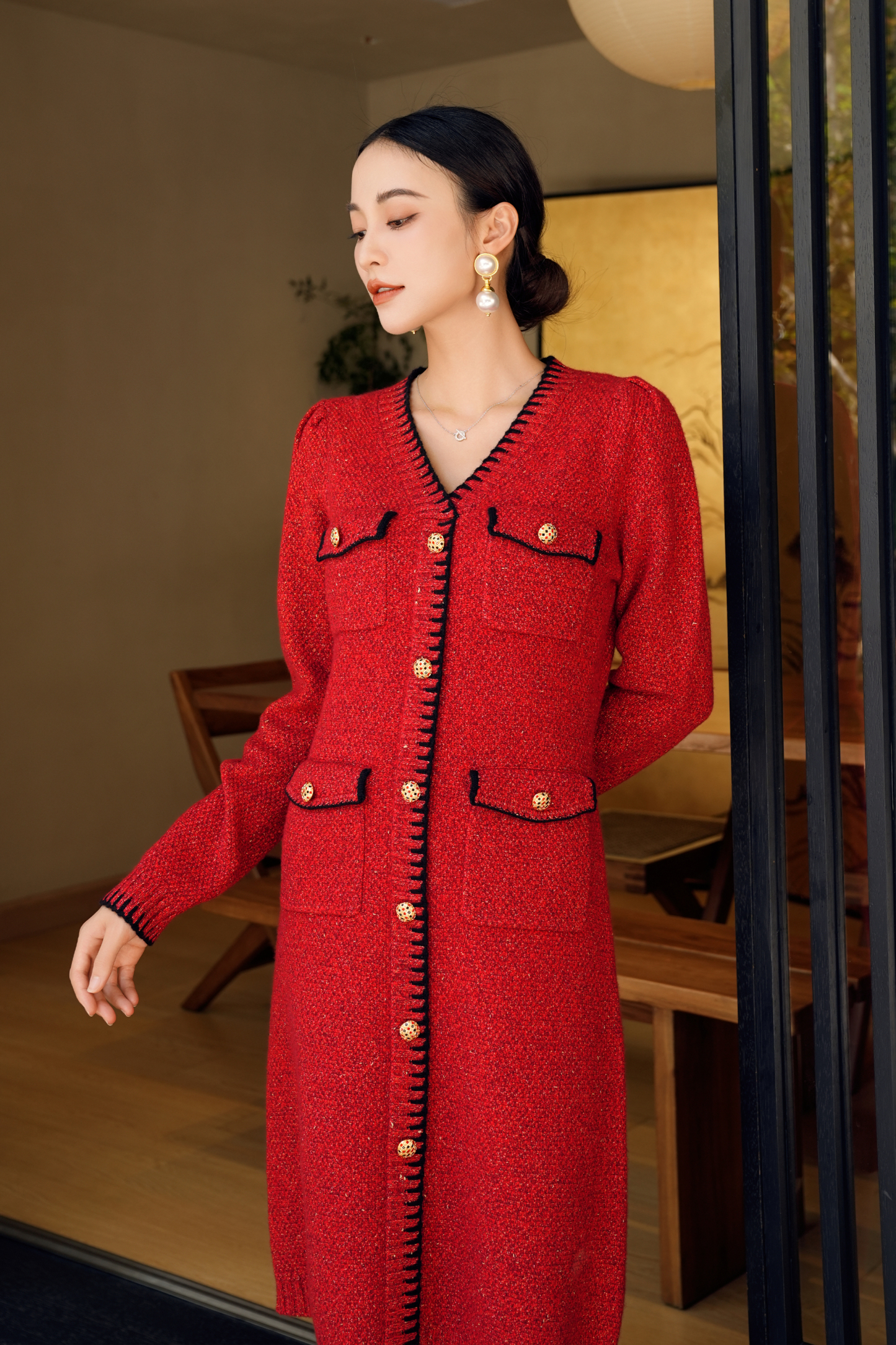 BESIONIA Wool Vintage Elegant Patchwork Dress