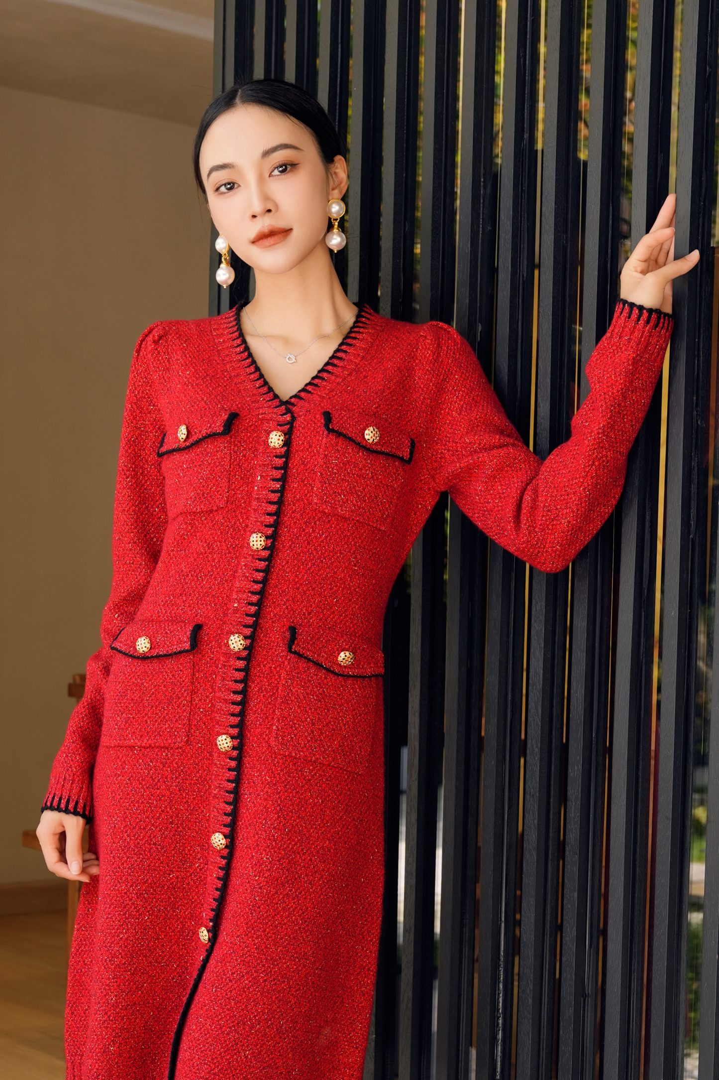 BESIONIA Wool Vintage Elegant Patchwork Dress