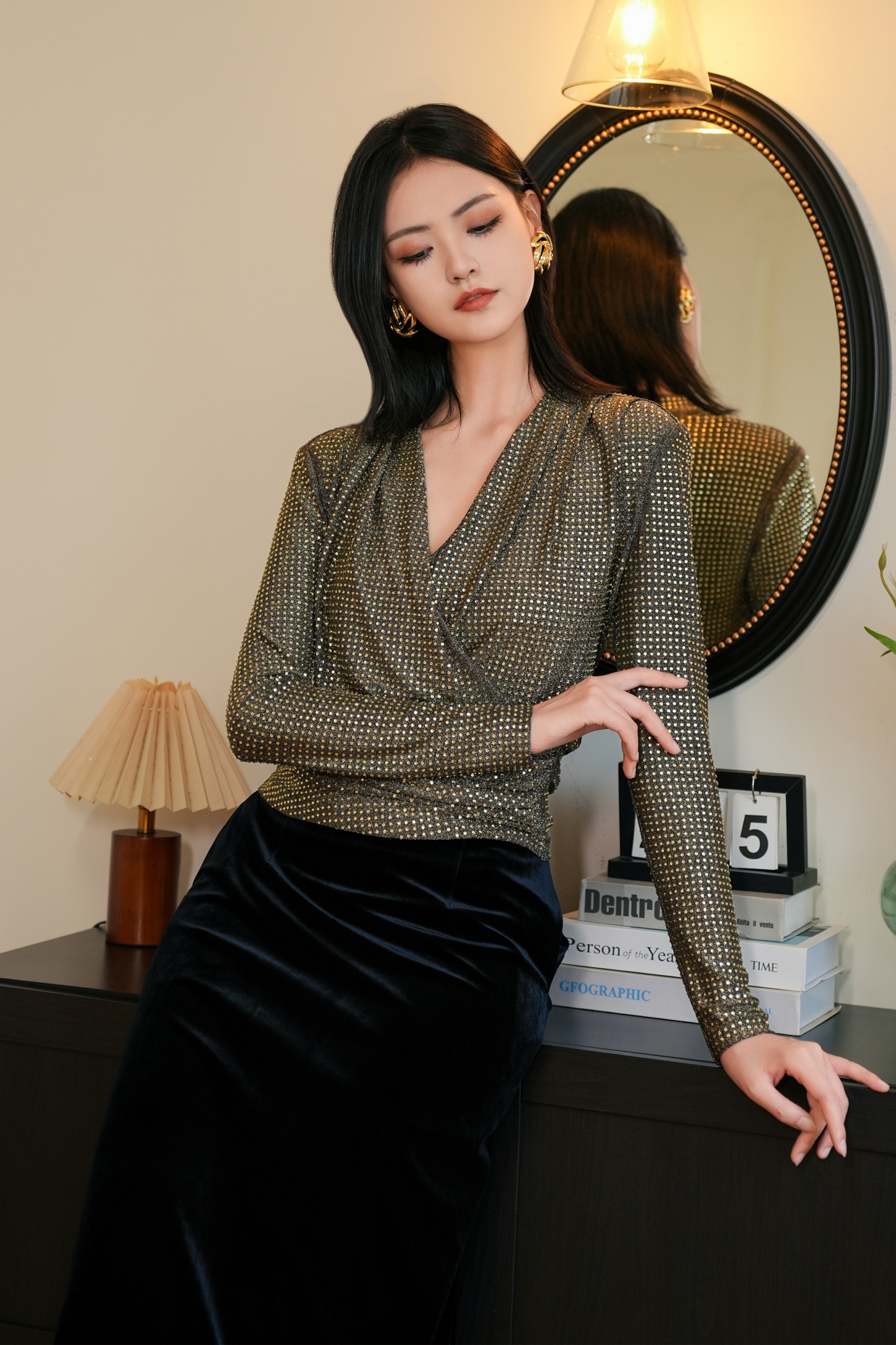 BESIONIA Drawstring Design Slimming Long Sleeve Blouse