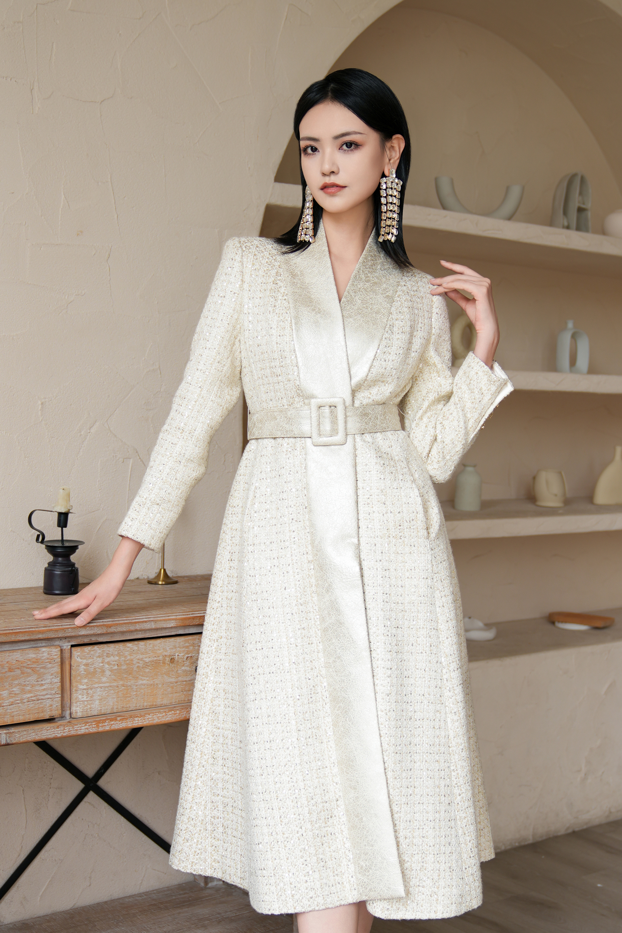 BESIONIA Color-blocking Polka Dot Coat