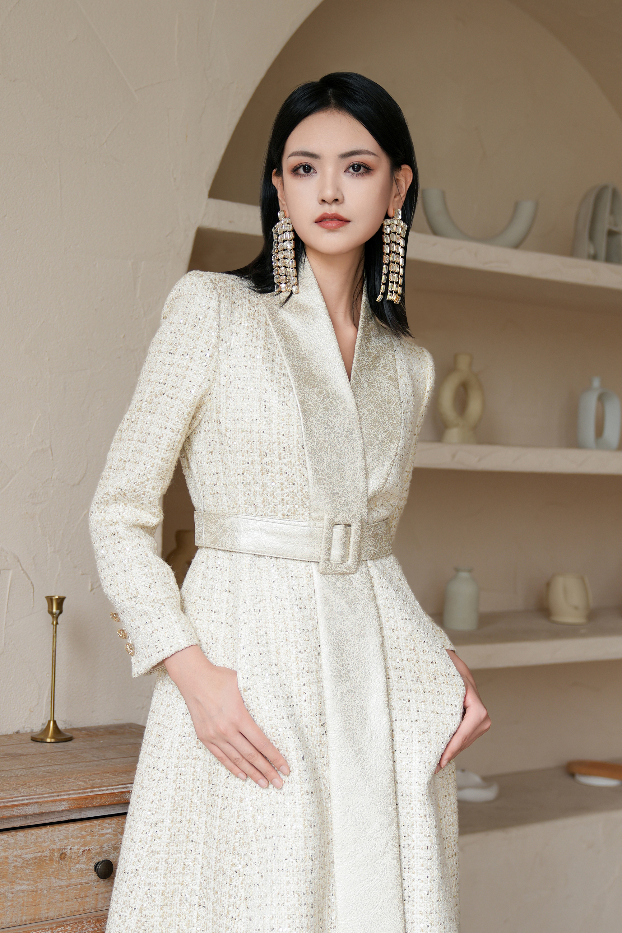 BESIONIA Color-blocking Polka Dot Coat