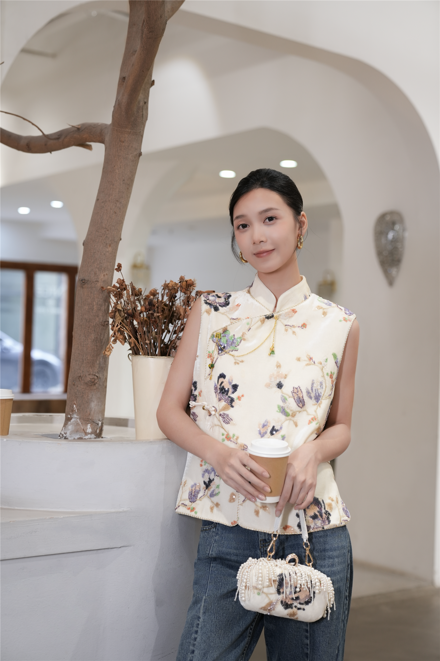 BESIONIA Embroidered Vest with Coil Button