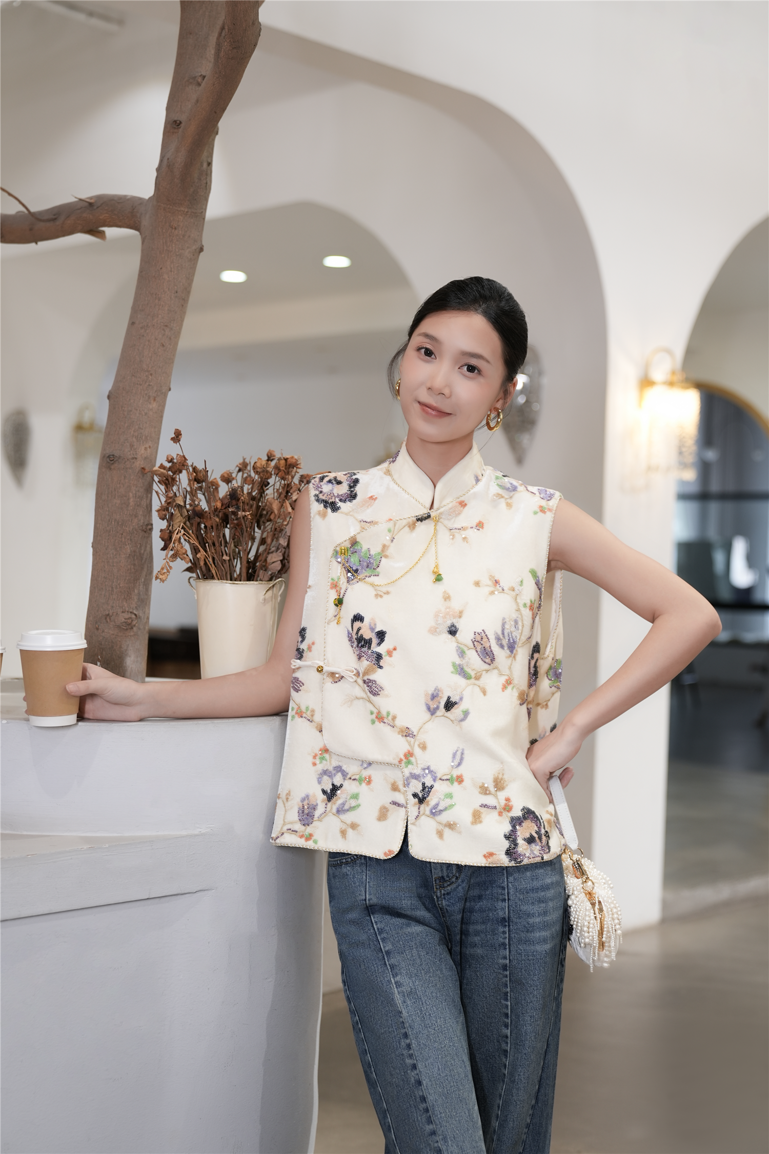 BESIONIA Embroidered Vest with Coil Button