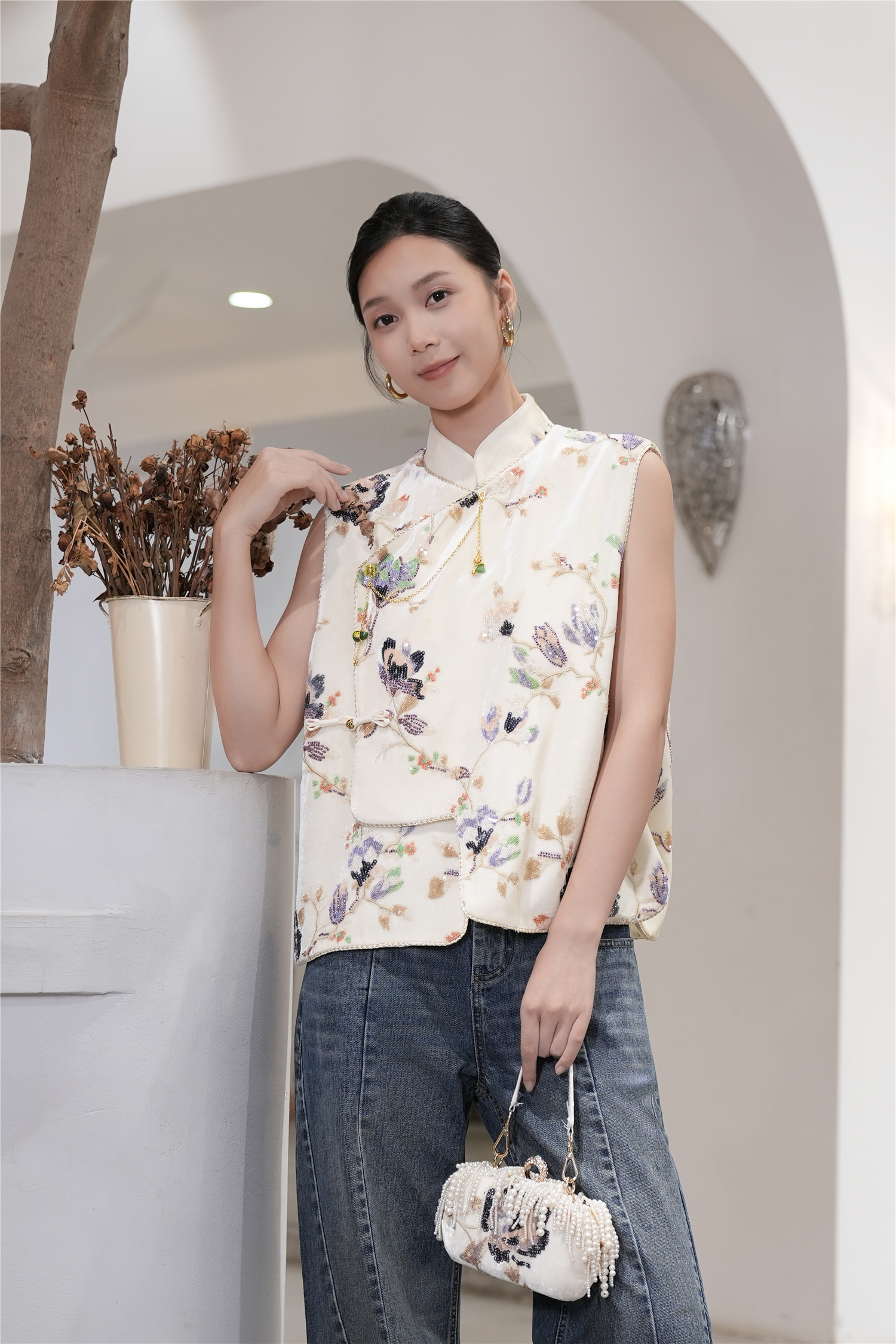 BESIONIA Embroidered Vest with Coil Button