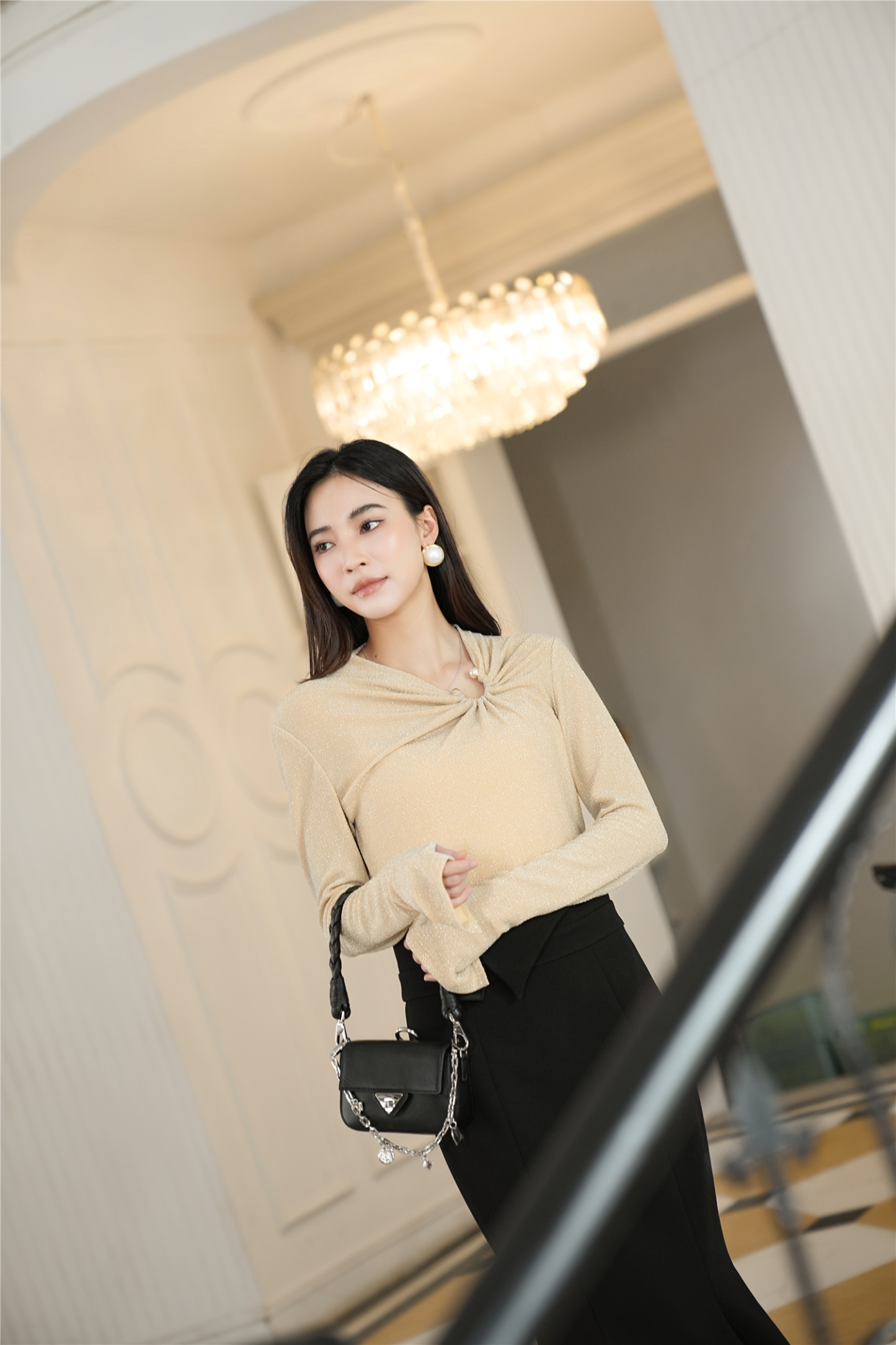 BESIONIA Pleated Long Sleeve Blouse