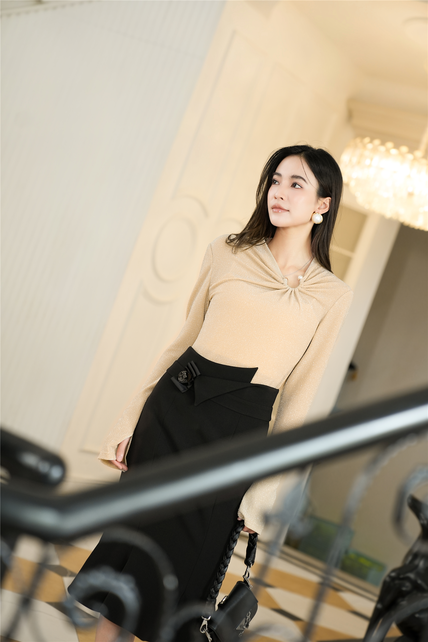 BESIONIA Pleated Long Sleeve Blouse