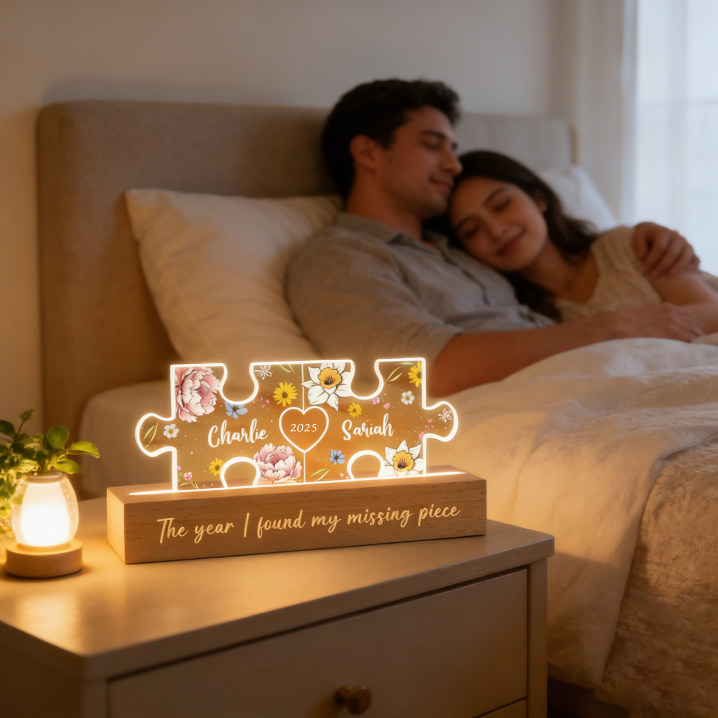 Personalized Acrylic LED Night Light You Are My Missing Piece Couple Initials Puzzle Floral Theme Anniversary Gift for Her