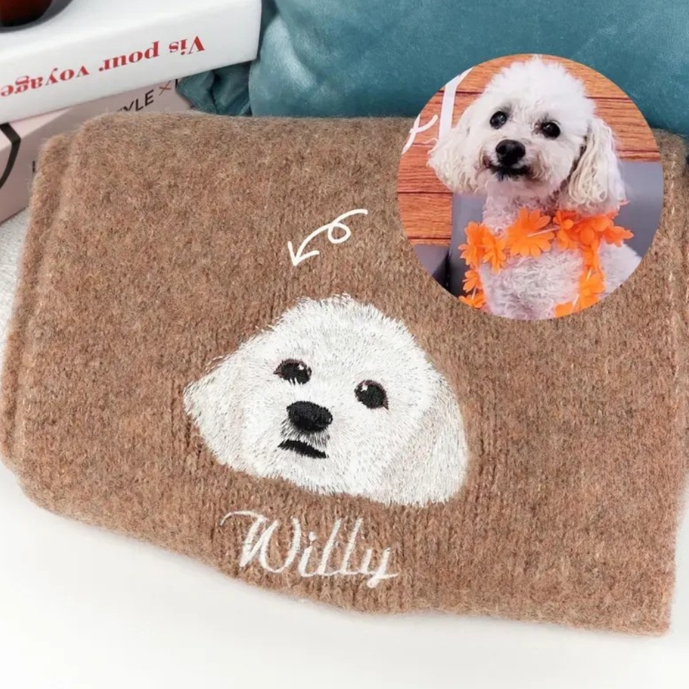 Personalized Pet Face and Name Scarf Custom Embroidered Pet Portrait Scarf Christmas Gift for Dog Mom/Dad