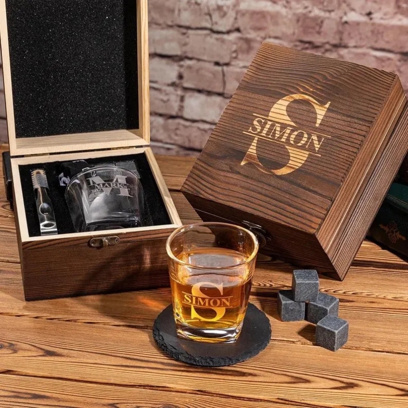 Custom Photo Engraved Whiskey Glass Gift Set with Granite Cooling Stones & Premium Wooden Box Father��s Day Present