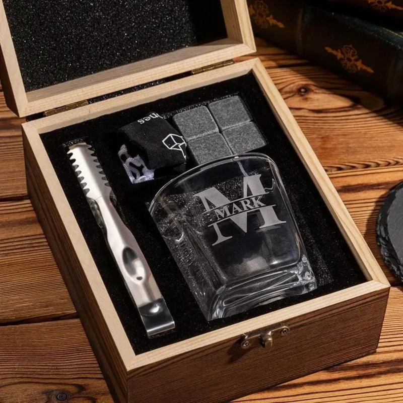 Custom Photo Engraved Whiskey Glass Gift Set with Granite Cooling Stones & Premium Wooden Box Father��s Day Present