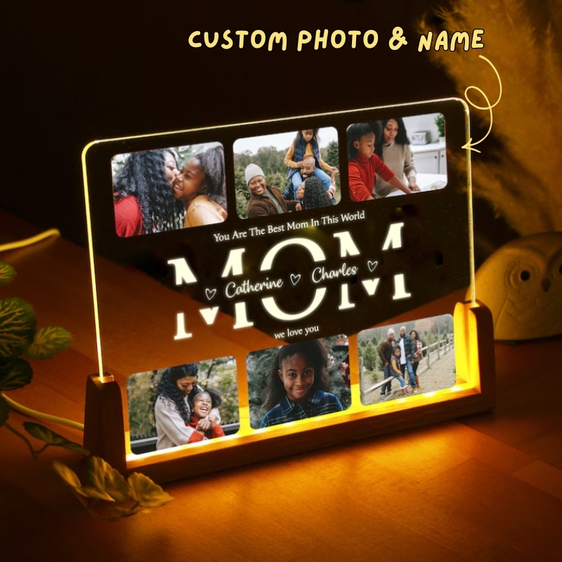 Personalized Mom LED Night Light with Custom Wooden Base Unique Mother's Day Gift from Daughter