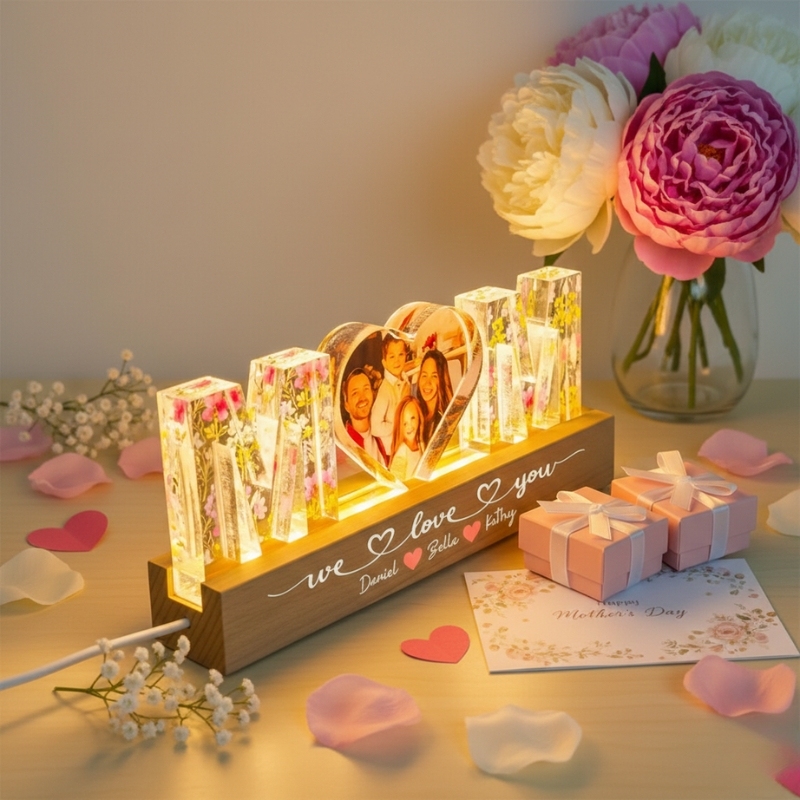 Personalized Mom Photo LED Night Light with Kids Names Acrylic Block Custom Mom Heart Photo Night Light Mother's Day Gift