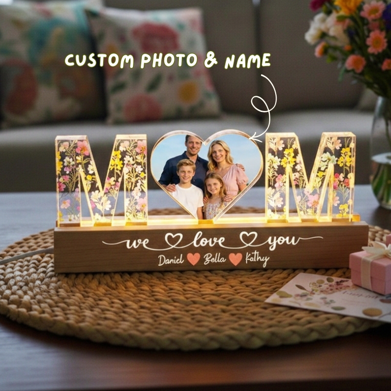Personalized Mom Photo LED Night Light with Kids Names Acrylic Block Custom Mom Heart Photo Night Light Mother's Day Gift