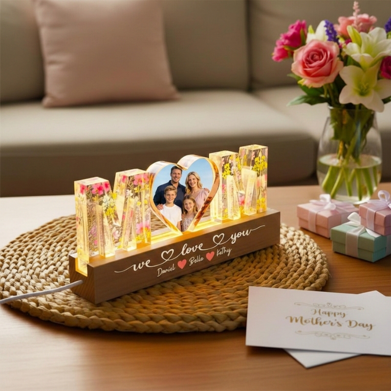 Personalized Mom Photo LED Night Light with Kids Names Acrylic Block Custom Mom Heart Photo Night Light Mother's Day Gift