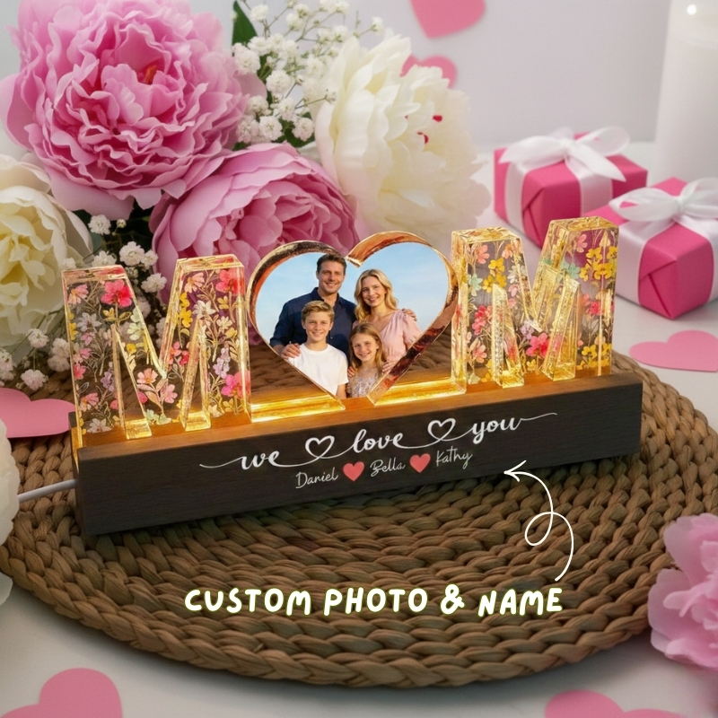 Personalized Mom Photo LED Night Light with Kids Names Acrylic Block C