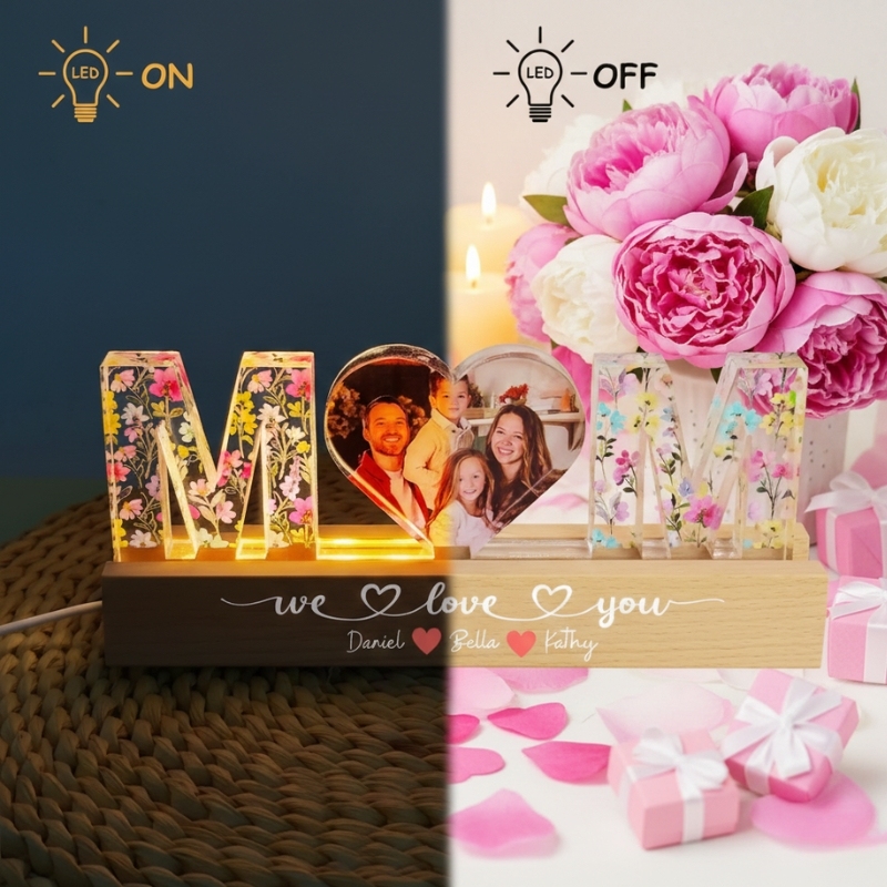 Personalized Mom Photo LED Night Light with Kids Names Acrylic Block Custom Mom Heart Photo Night Light Mother's Day Gift