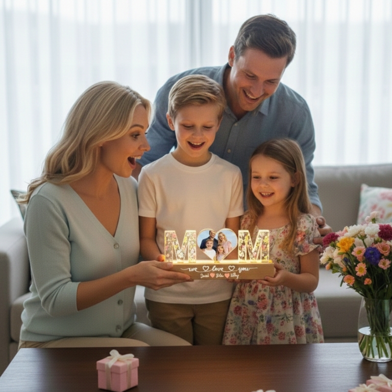 Personalized Mom Photo LED Night Light with Kids Names Acrylic Block Custom Mom Heart Photo Night Light Mother's Day Gift