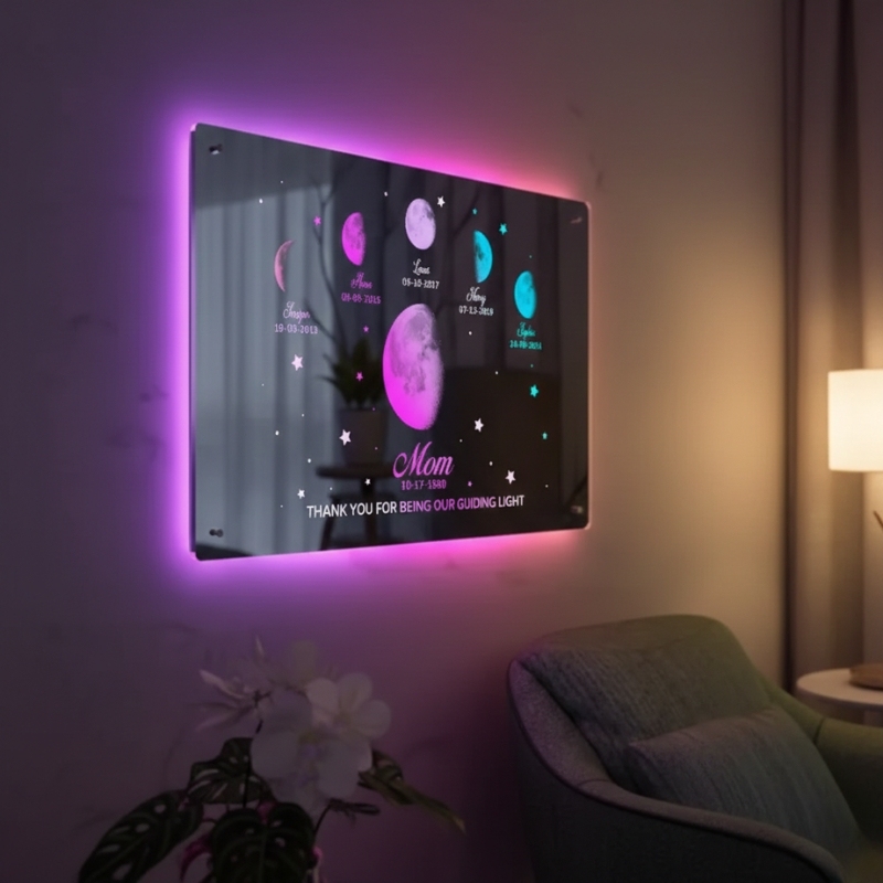 Personalized Mom's Exclusive Galaxy Mirror Lamp Customized Moon Phases Bedroom Sign Neon Illuminated Light Gift for Kids and Moms