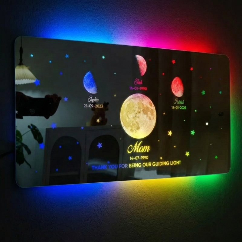 Personalized Mom's Exclusive Galaxy Mirror Lamp Customized Moon Phases Bedroom Sign Neon Illuminated Light Gift for Kids and Moms