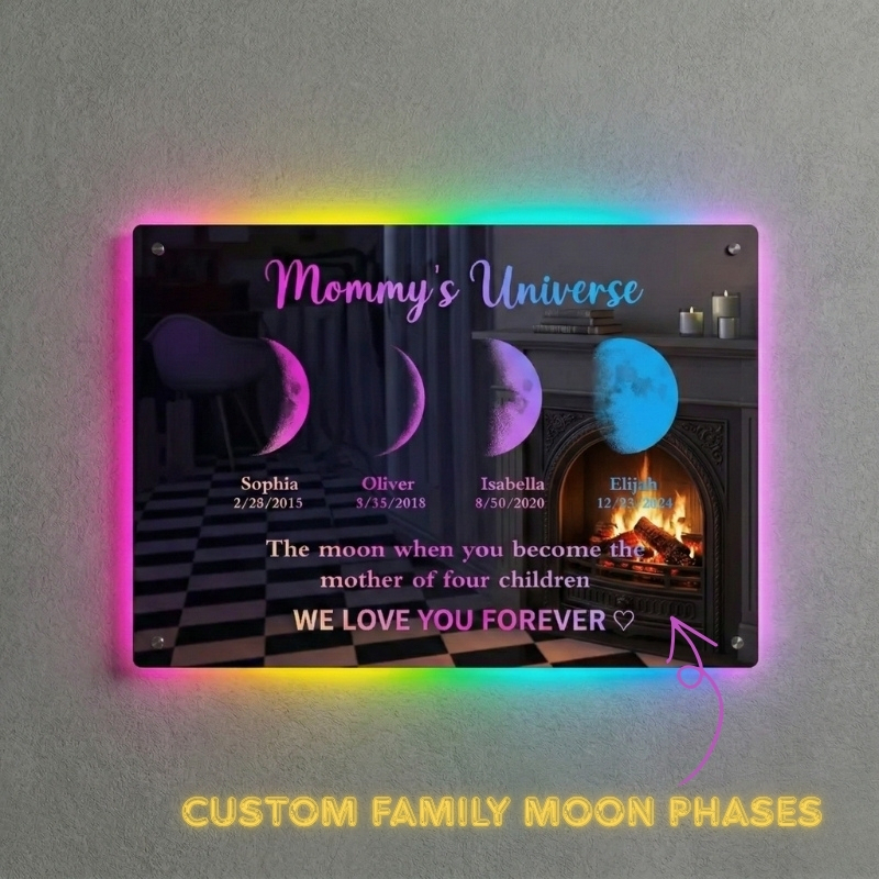 Custom Mom & Kids Galaxy Moon Phase Mirror Lamp Personalized Neon Light for Bedroom Mother's Gift for Mom