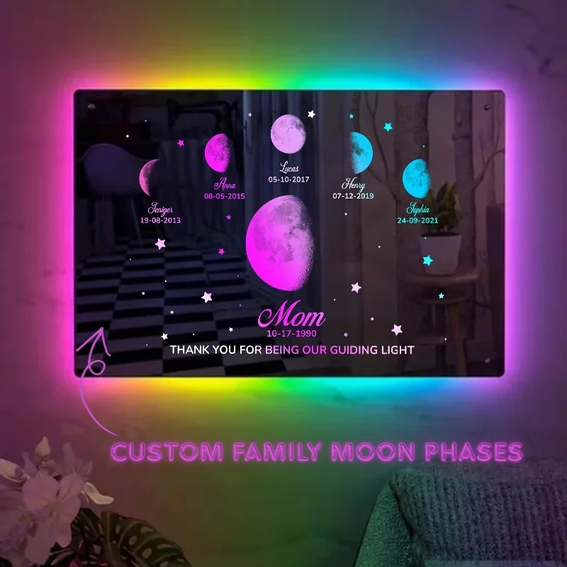 Personalized Mom's Exclusive Galaxy Mirror Lamp Customized Moon Phases Bedroom Sign Neon Illuminated Light Gift for Kids and Moms