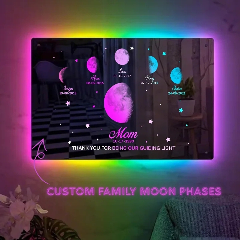 Personalized Mom's Exclusive Galaxy Mirror Lamp Customized Moon Phases Bedroom Sign Neon Illuminated Light Gift for Kids and Moms