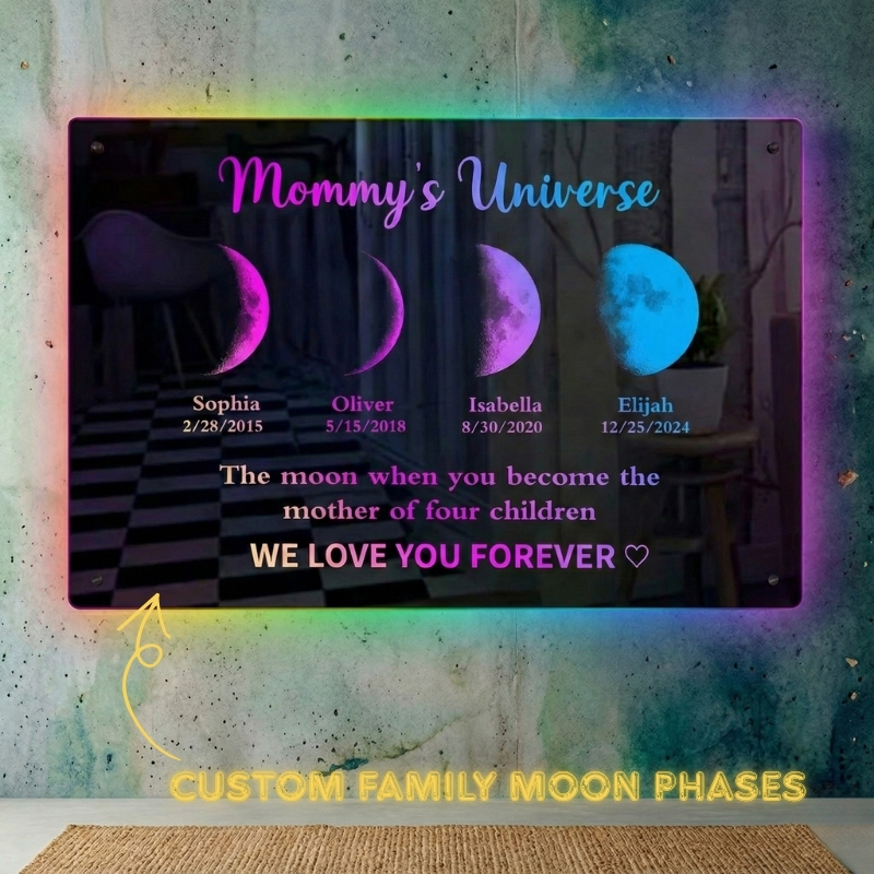 Custom Mom & Kids Galaxy Moon Phase Mirror Lamp Personalized Neon Ligh