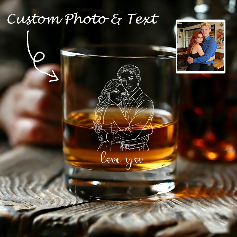 Custom Portrait Photo Engraved Whiskey Glass with Laser Etched Line Art Personalized Photo Bourbon Glasses Gifts for Him