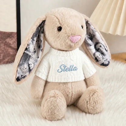 Personalized Photo Bunny Plush with Embroidered Name Sweater Custom Memory Stuffed Rabbit with 4 Photos Anniversary Gift for Couples