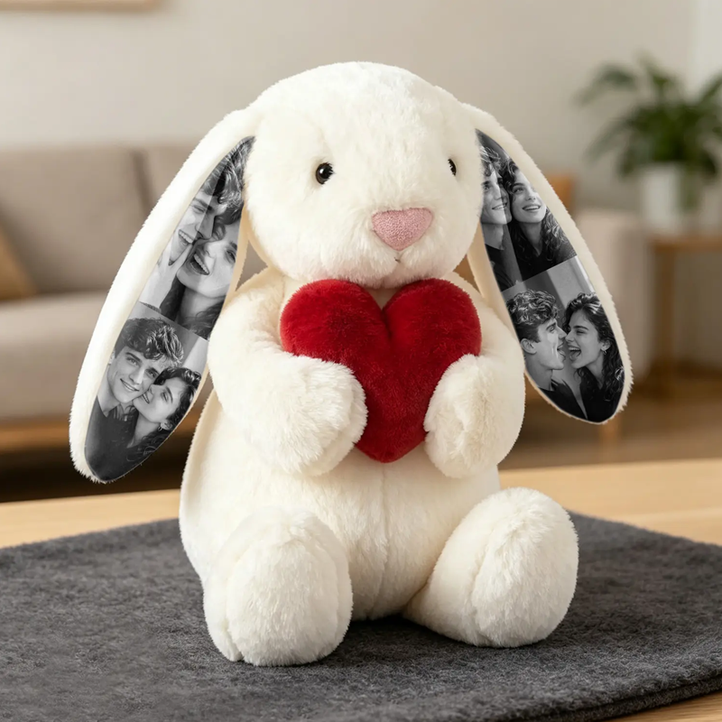 Personalized Photo Bunny Plush with Red Love Heart Custom Hidden Ear Picture Keepsake Stuffed Rabbit Anniversary and Valentine’s Day Gift for Couples