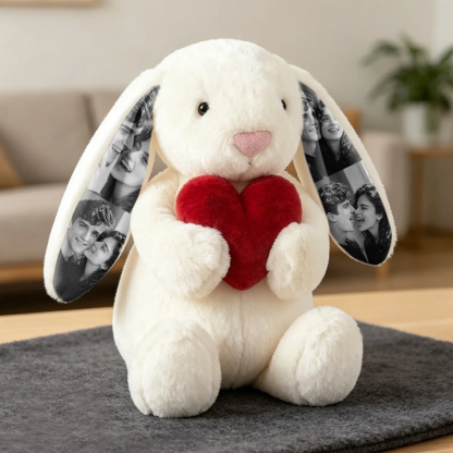 Personalized Photo Bunny Plush with Red Love Heart Custom Hidden Ear Picture Keepsake Stuffed Rabbit Anniversary and Valentine’s Day Gift for Couples