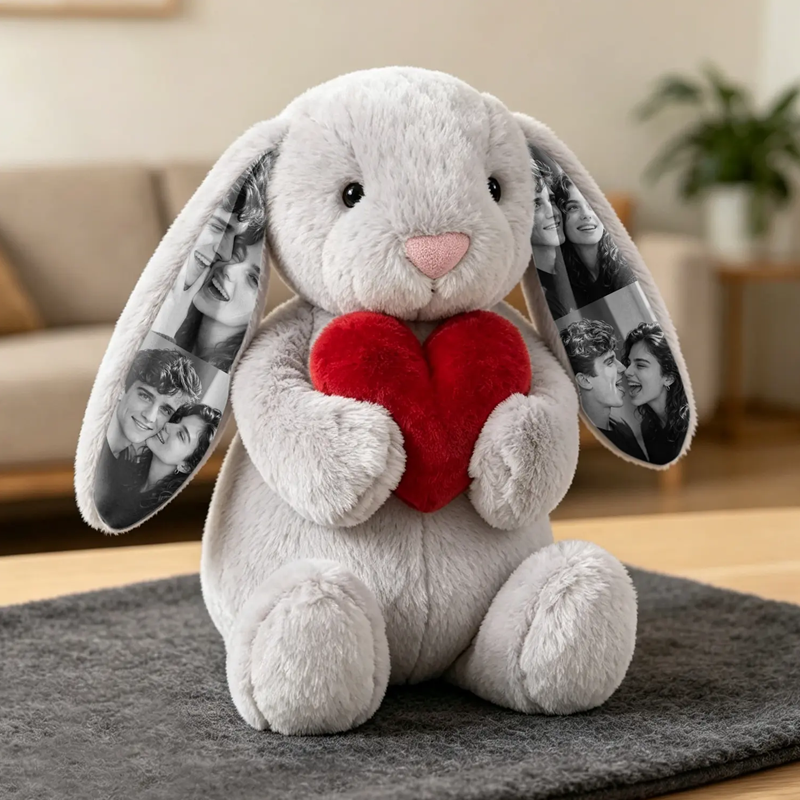 Personalized Photo Bunny Plush with Red Love Heart Custom Hidden Ear Picture Keepsake Stuffed Rabbit Anniversary and Valentine’s Day Gift for Couples