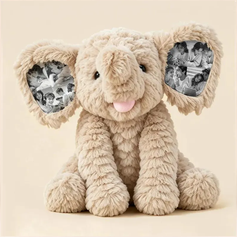 Personalized Photo Elephant Plush with Embroidered Name Custom 8 Pictures Ear Stuffed Elephant Anniversary Gift for Couples