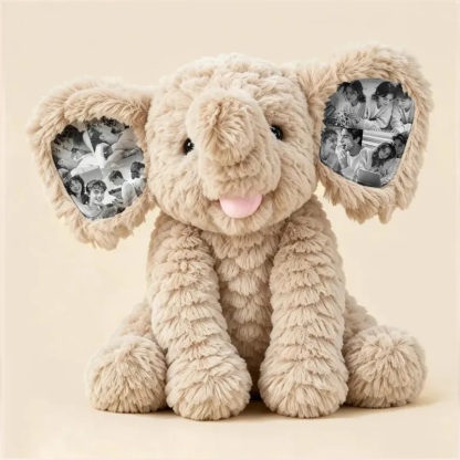Personalized Photo Elephant Plush with Embroidered Name Custom 8 Pictures Ear Stuffed Elephant Anniversary Gift for Couples