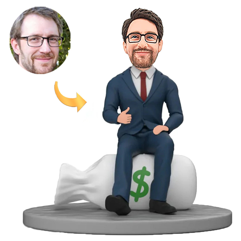 Handmade Male Boss in Suit Sitting on Money Bag Custom Bobbleheads