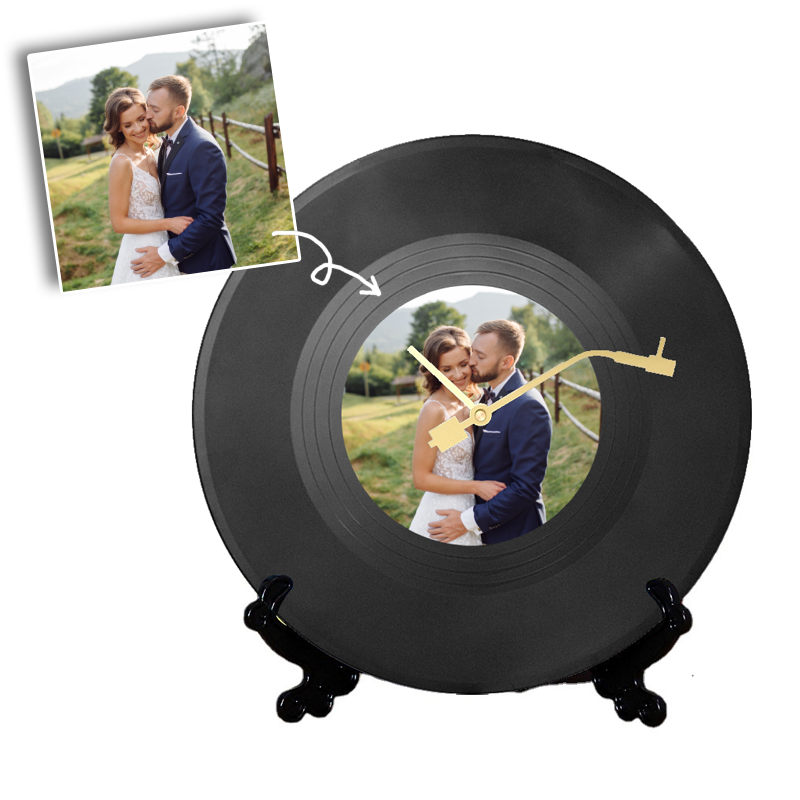 Custom Photo Clock with Gramophone Record Design Personalized Timepiece Home Decor