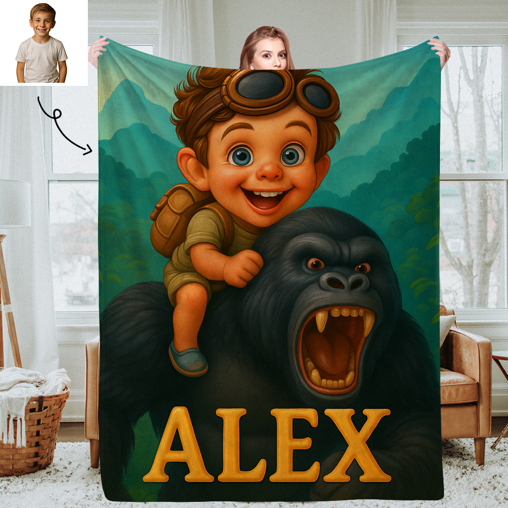 Personalized Kids Photo Blanket with Custom Cartoon Picture and Name Cozy Throw for Bedroom or Living Room