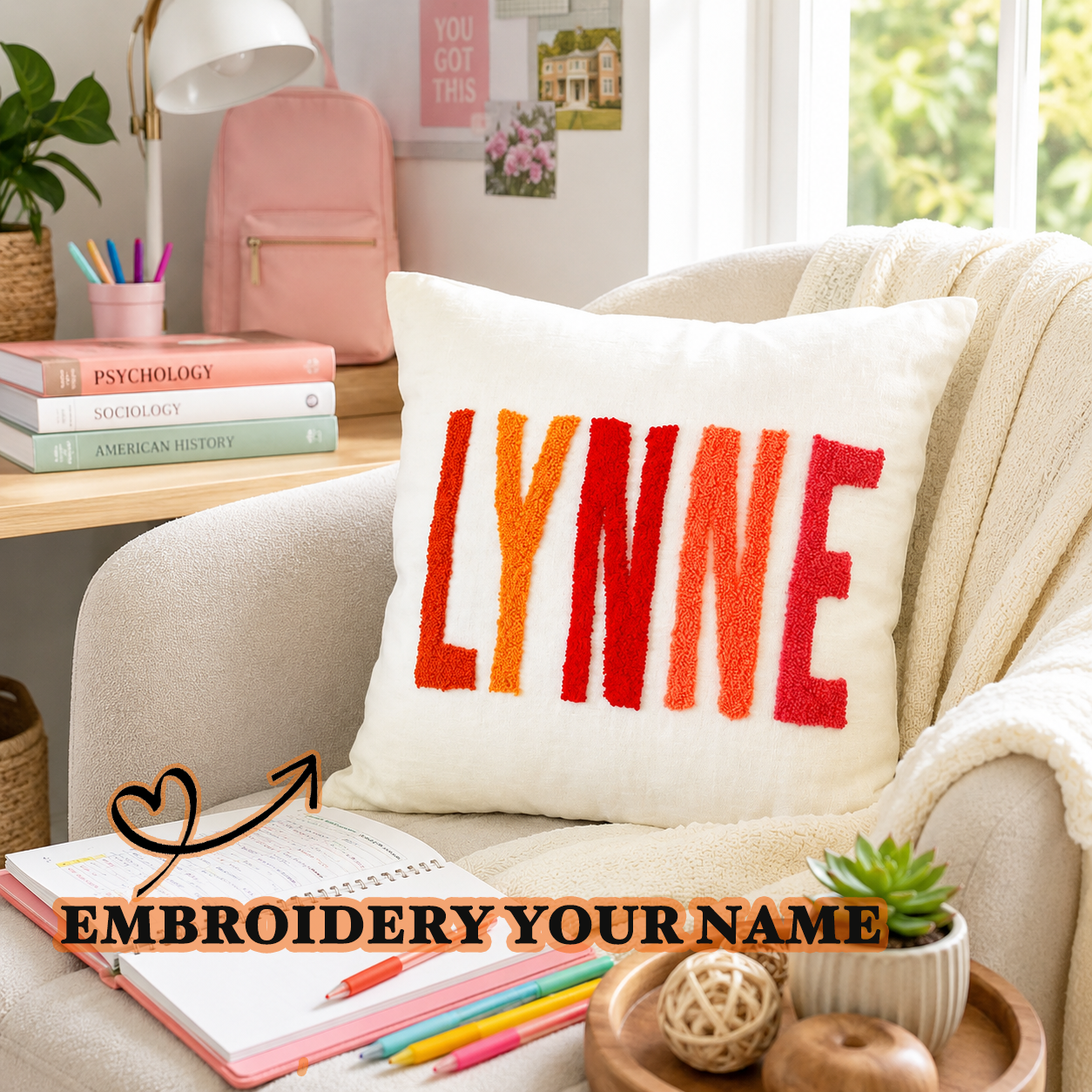 Finished Handmade Personalized Name Embroidered Pillow Back to School Gifts Punch Needle Dorm Decor Gift for Students